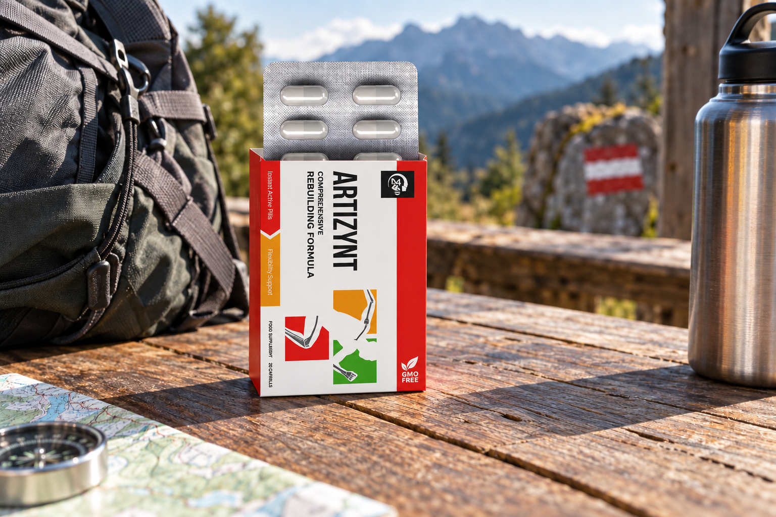 ArtiZynt-Packung und Blister mit Kapseln auf einem Holztisch einer Berghütte neben Wanderrucksack und Trinkflasche