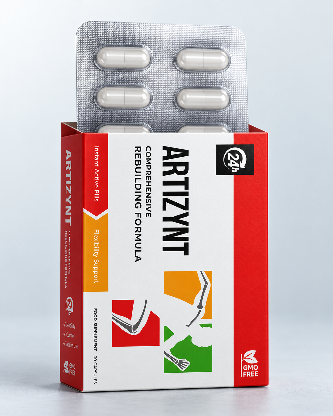 ArtiZynt-Faltschachtel mit herausragendem Blister und weißen Kapseln